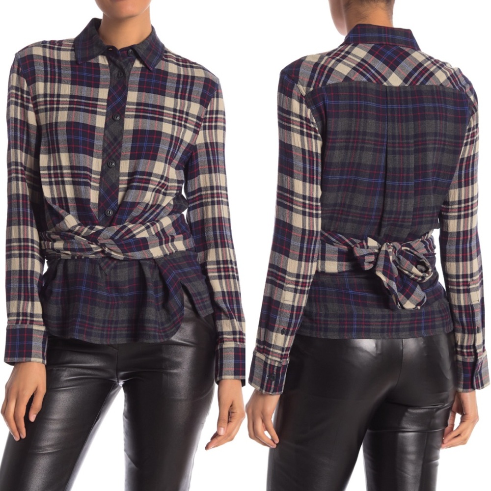 rag & bone Plaid Wrap Blouse - Navy and Cream